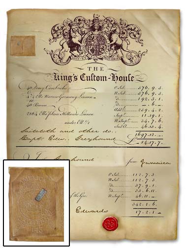 This document never really existed. It's an authentic recreation of a typical bill-of-lading of the 18th century. This would have been used by a ship entering Boston Harbor and required by the 1765 Stamp Act to carry the embossed paper tax stamp. (See upper left corner and detail inset.) From researching original examples of the stamp, I created the digital version as well as the metal staple used to fasten the stamps to the document. Authentic fonts and handwriting examples of the 18th century were used in the body of the document. The physical paper itself was scanned from a 250 year-old original.